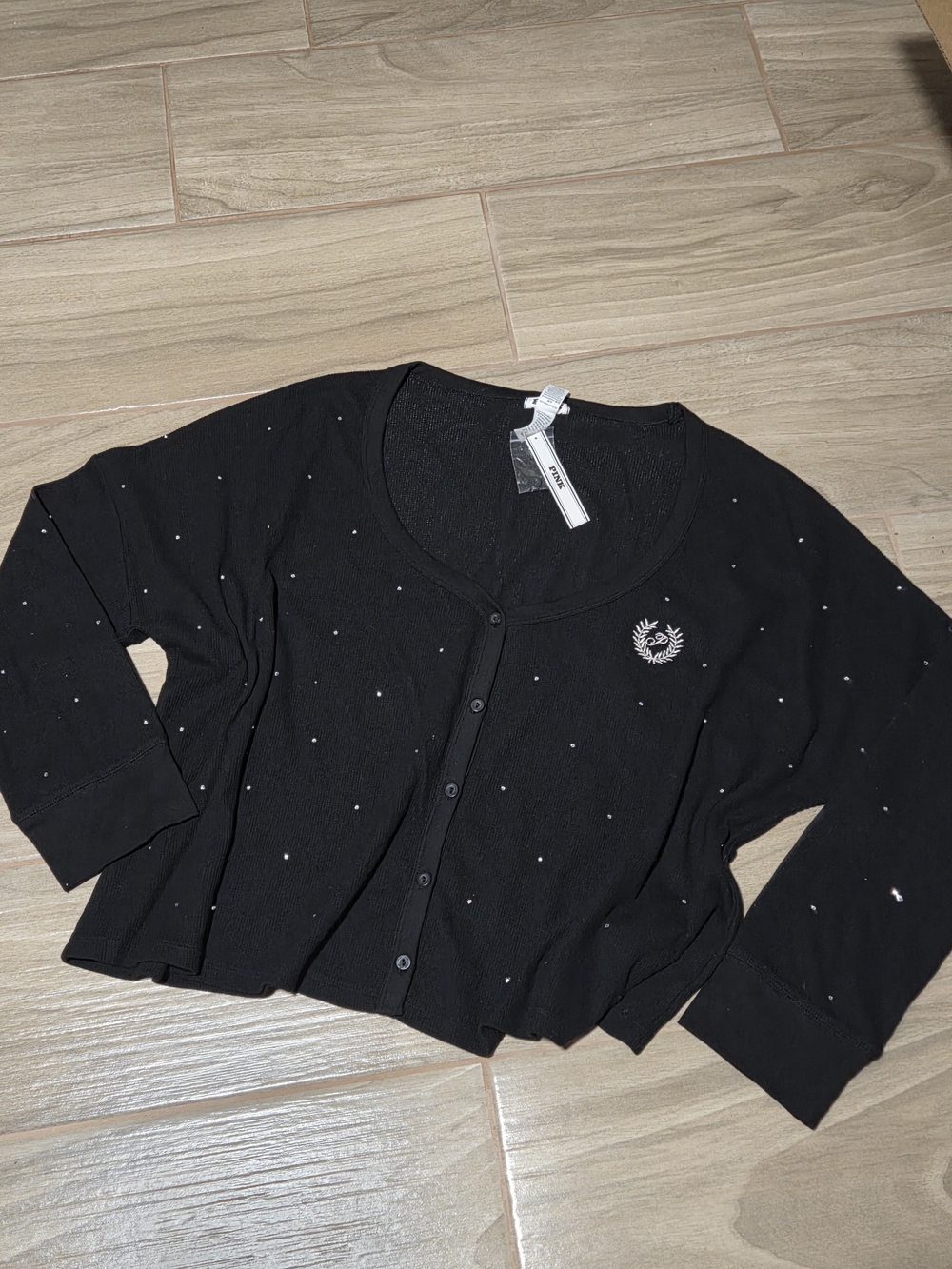 PINK Victoria's Secret Black Button-Front Carsigan with Embroidered Crest